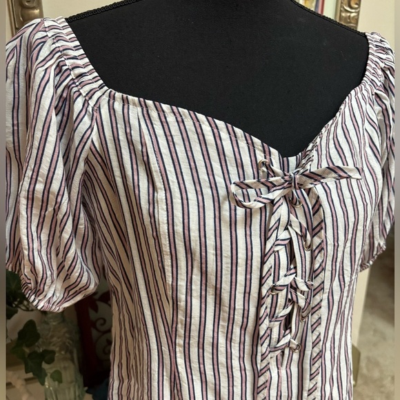 HAYDEN L.A. LACE UP ON OFF SHOULDER PUFF SLEEVE PINK STRIPE MINI DRESS SZ L NWT - Picture 7 of 13